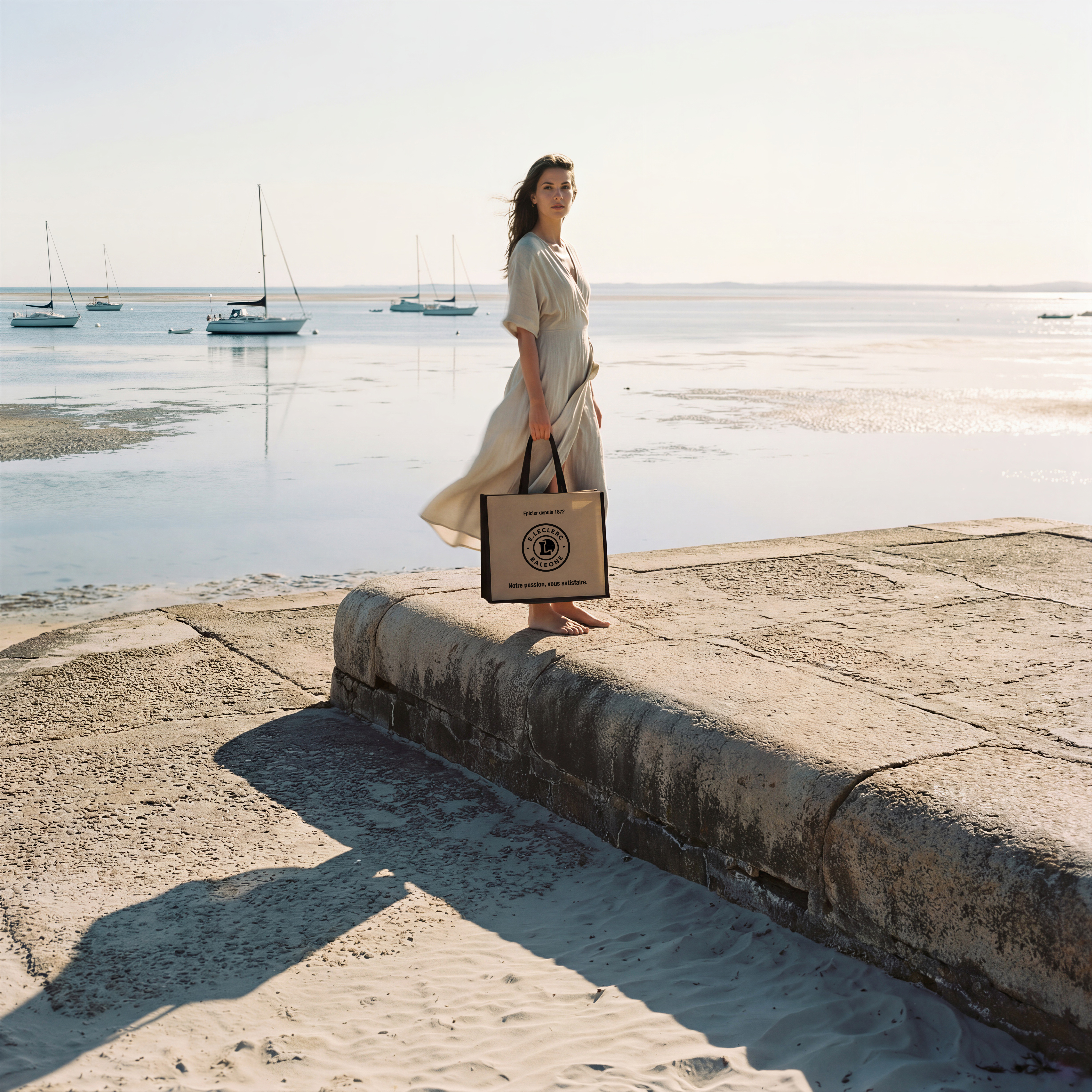 Woman with jute bag on stone pier at dawn